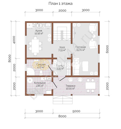 Проект №69 дома из бруса 8х8