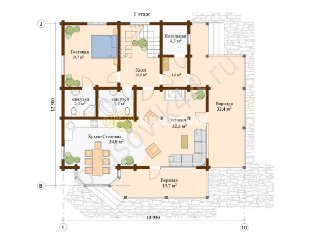 Проект №44 дома из бруса 12,5x13,95