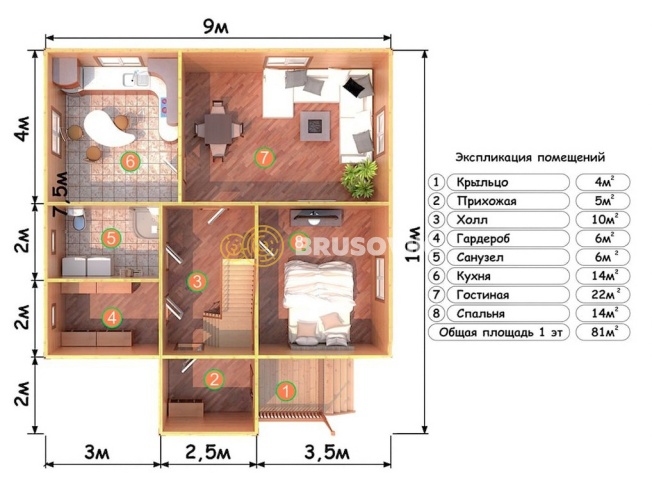 Проект №79 дома из бруса 9х10