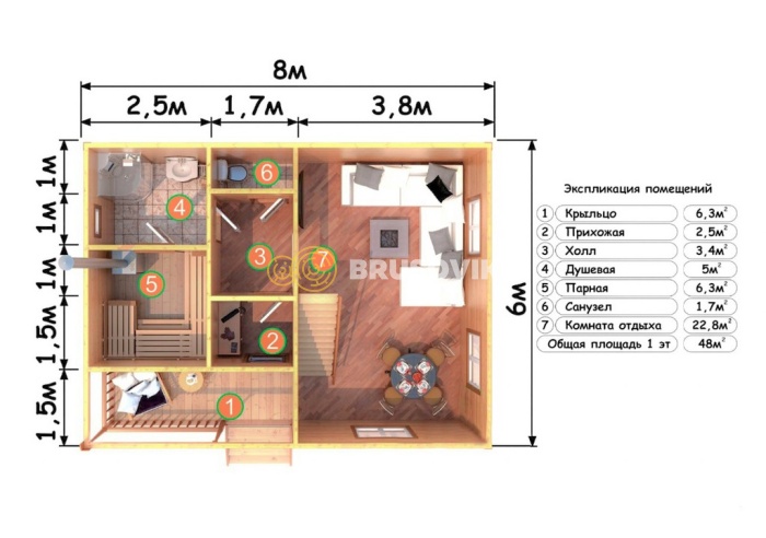 Проект №21 баня из бруса 6х8