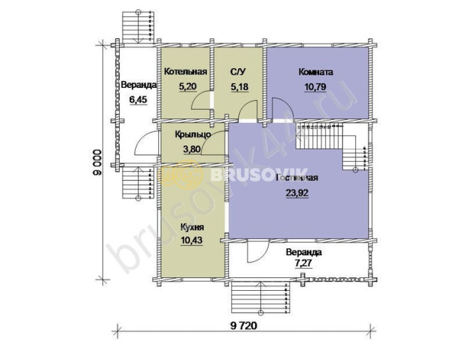 Проект №45 дома из бруса 9x9,72