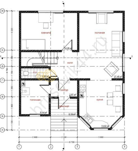 Проект №43 дома из бруса 9,7х8,7