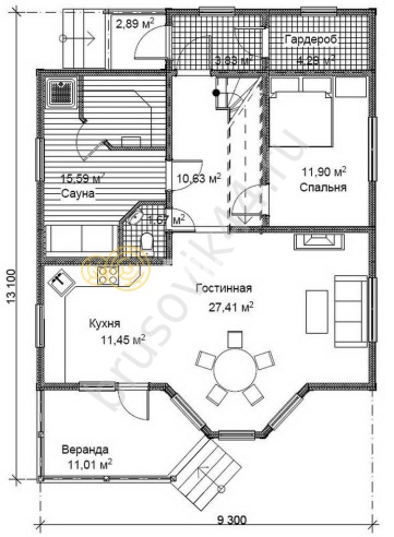 Проект №6 дома из бруса 9,3х13,1
