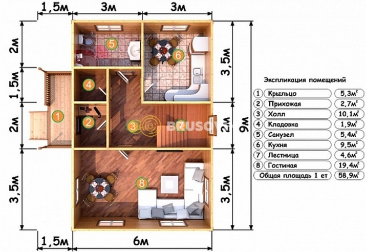 Проект №85 дома из бруса 6х9