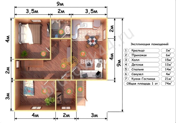 Проект №74 дома из бруса 9х9