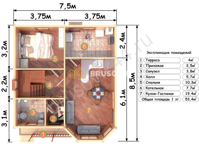 Проект №75 дома из бруса 7,5х8,5