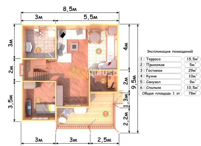 Проект №76 дома из бруса 8,5х8,5
