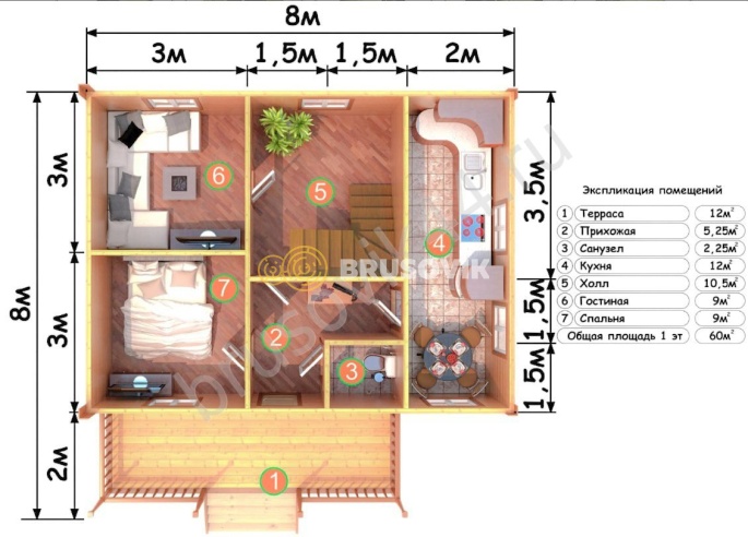 Проект №71 дома из бруса 8х8