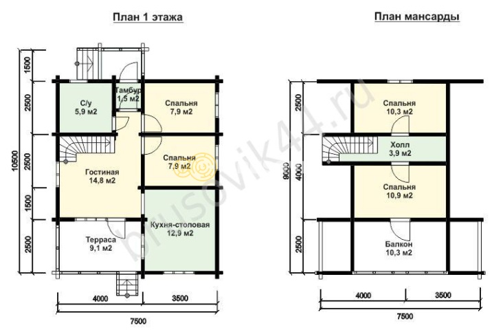 Проект №2 дома из бруса 7,5х10,5